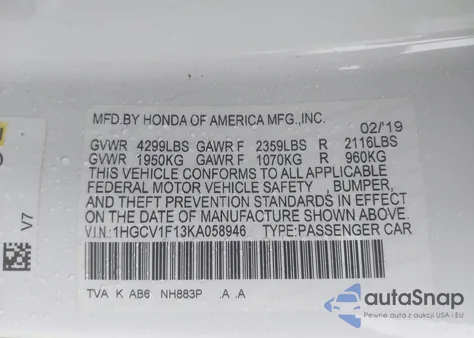 2019 Honda Accord Lx z USA, uszkodzony, nr VIN 1HGCV1F13KA058946
